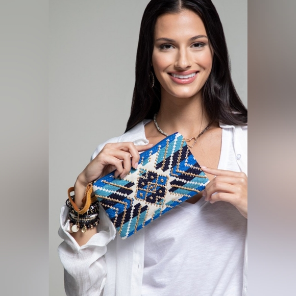 Handmade Hand Beaded Wristlet Clutch - Ethnic Inspired Design - Dyed Fine Cotton - Picture 2 of 7